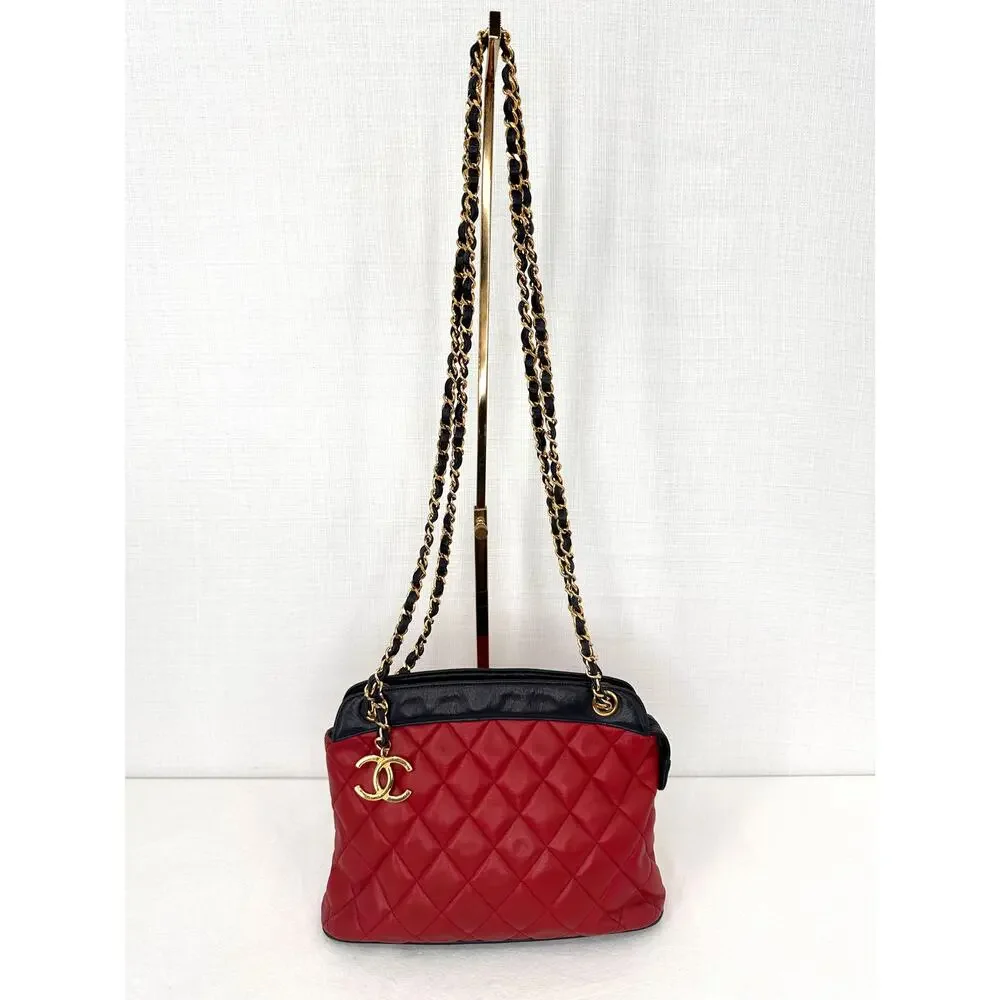 Vintage Chanel Bicolor Red Navy Quilted Lambskin Shoulder Bag Gold CC Charm